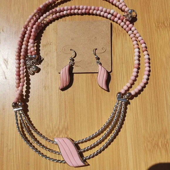 Jay King DTR mine finds carved Wave Pink Opal Necklace Earrings set 925 rare - Picture 5 of 11